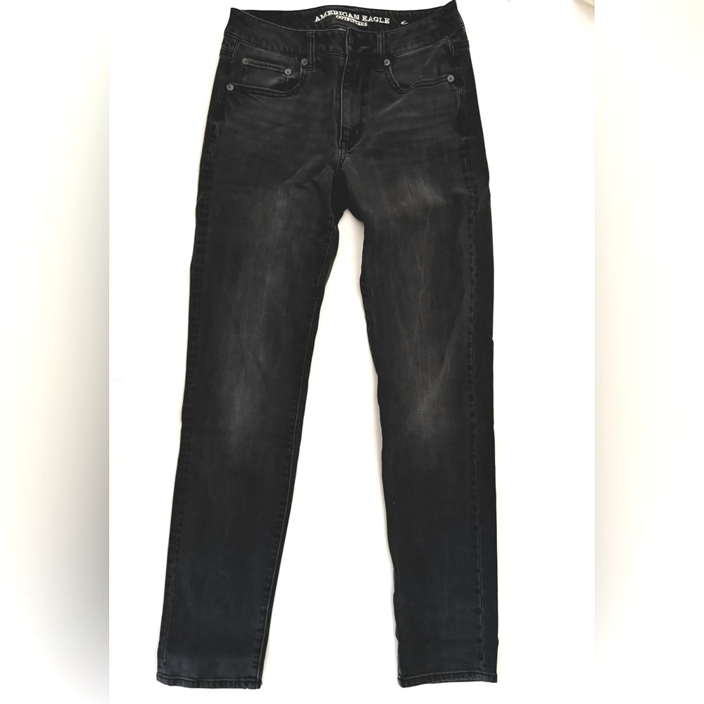 American eagle mid hi rise straight stretch jeans denim pants black 2 P Short